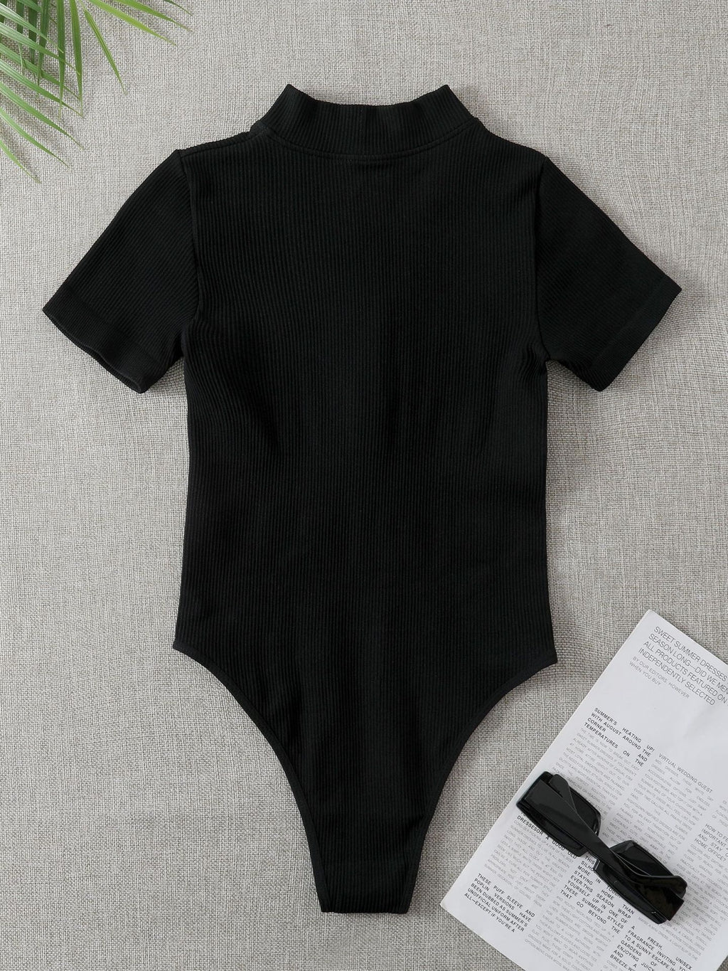 Ribbed Short-sleeve Tight-fitting High-stretch Turtleneck Zip-up Bodysuit