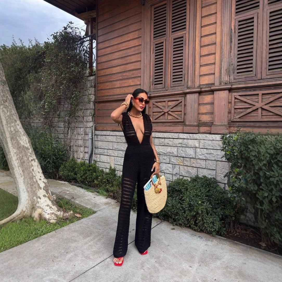 Fashionable Casual Solid-Color Slim-Fit Elegant Jumpsuit