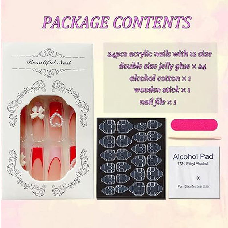 24 PCS Strawberry Bow Nail Art, Long Length Long Water Pipe Fake Nails,Square Head Nail Tips False Nail