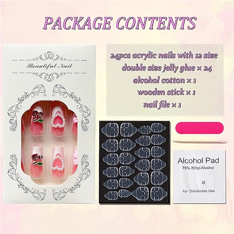 24 PCS Cherry Bow Nail Art, Long Length Long Water Pipe Fake Nails,Square Head Nail Tips False Nail