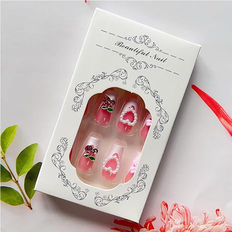 24 PCS Cherry Bow Nail Art, Long Length Long Water Pipe Fake Nails,Square Head Nail Tips False Nail