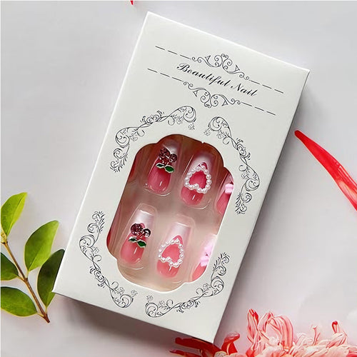 24 PCS Cherry Bow Nail Art, Long Length Long Water Pipe Fake Nails,Square Head Nail Tips False Nail