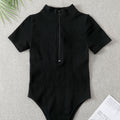 Ribbed Short-sleeve Tight-fitting High-stretch Turtleneck Zip-up Bodysuit